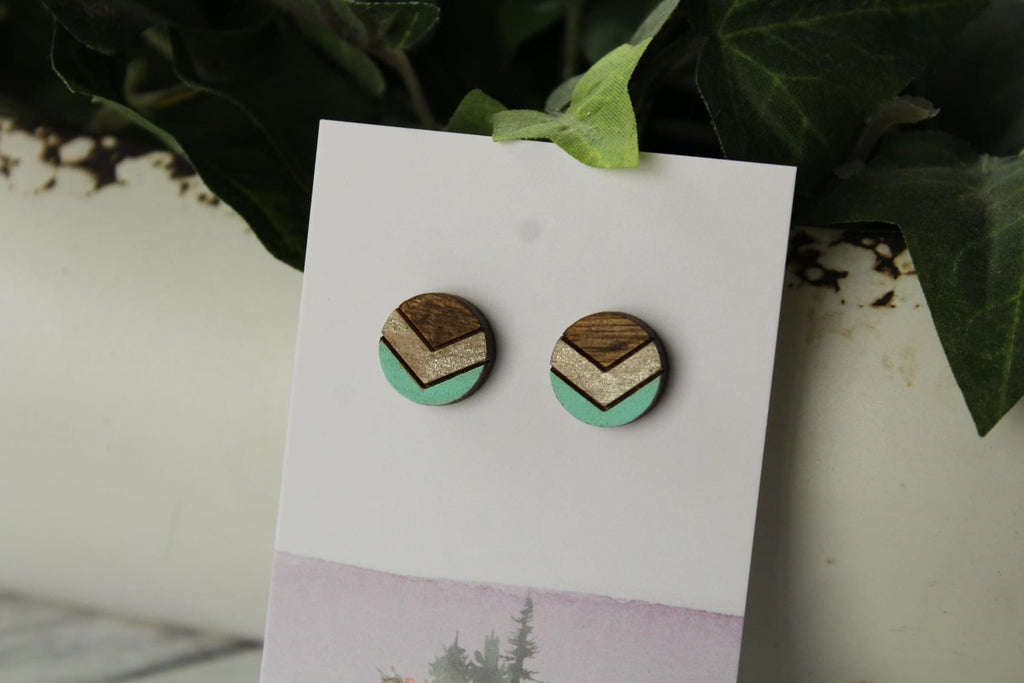 12mm Metallic Taupe/Green Chevron Wood earrings