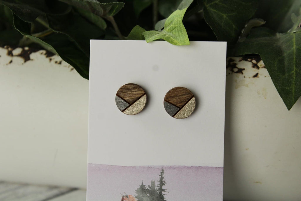 12mm Metallic Grey/Metallic Taupe wood earrings