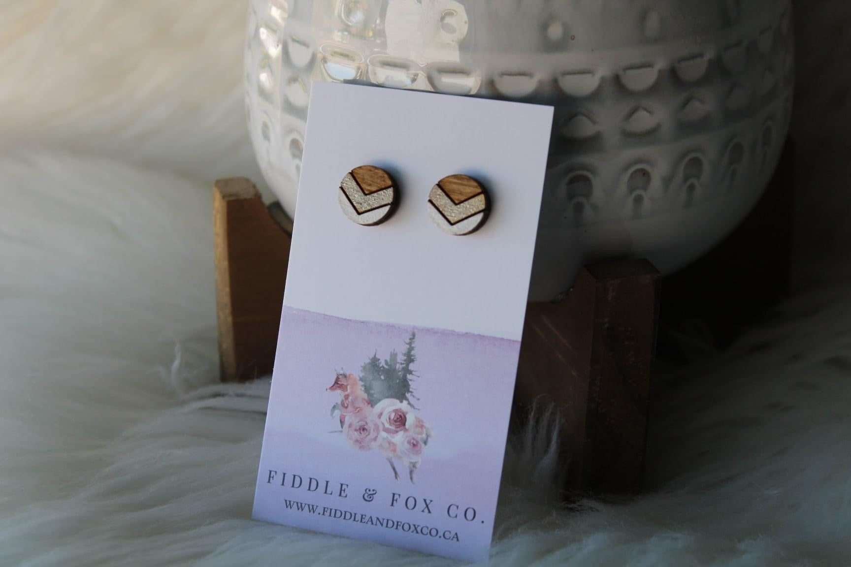 Wood Earrings Metallic Taupe/White Chevron