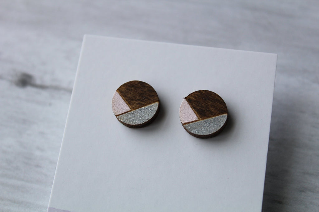 Geometric Wood Earrings • Pink/Silver