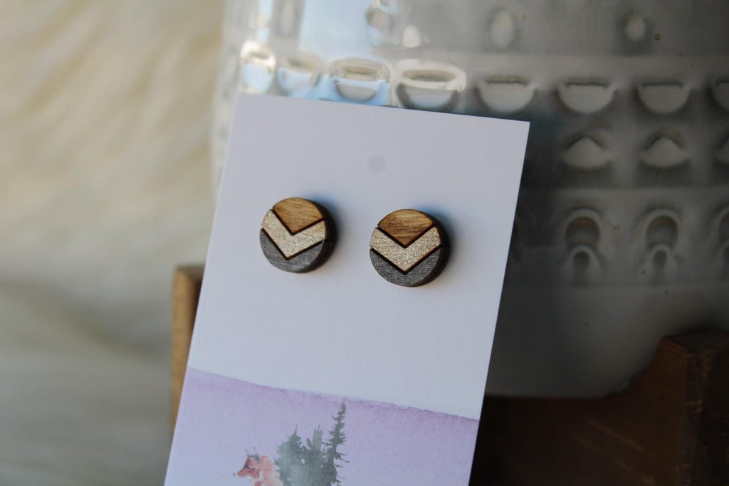 Wood Earrings Metallic Taupe/Dark Grey Chevron