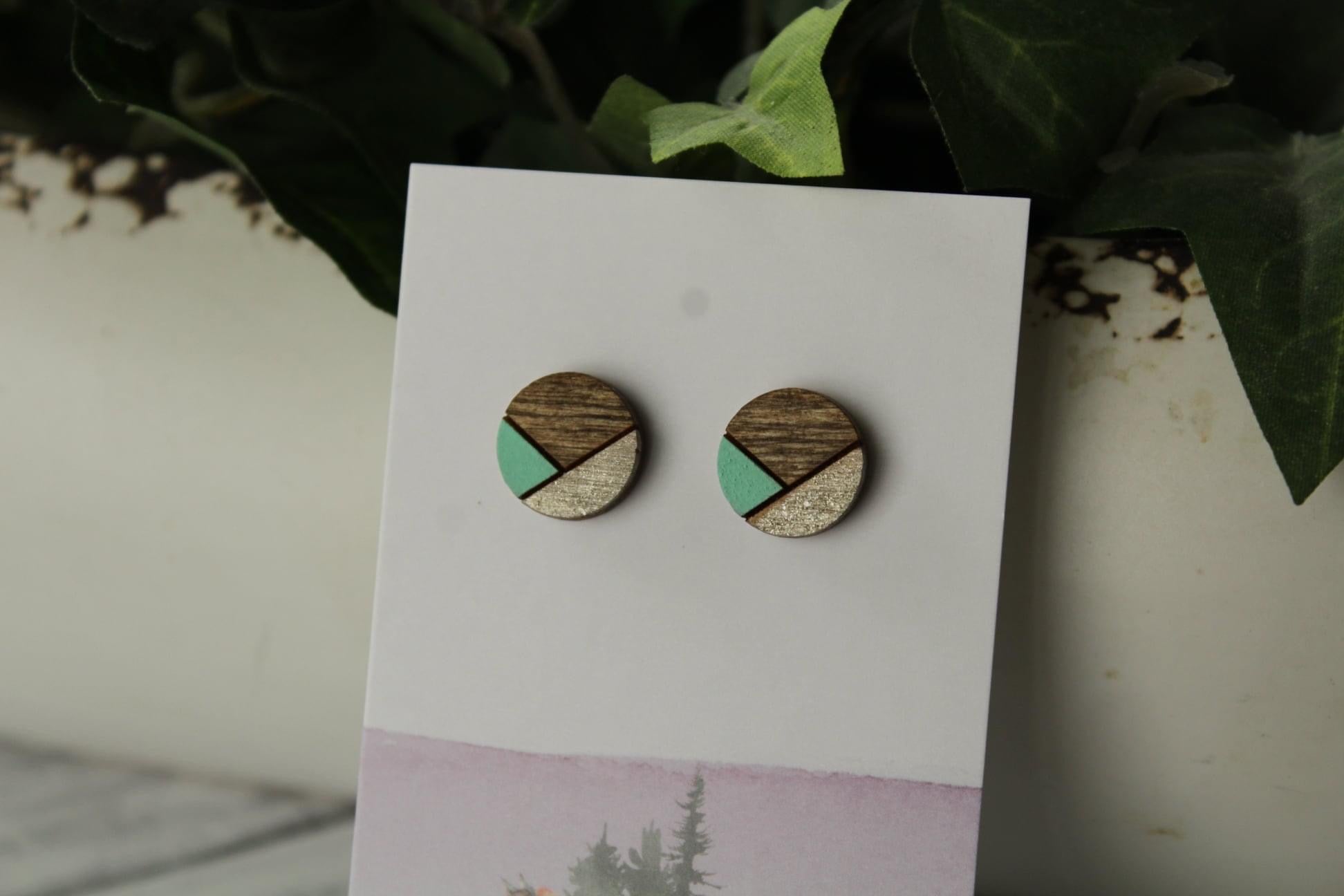 12mm Green/Metallic Taupe wood earrings