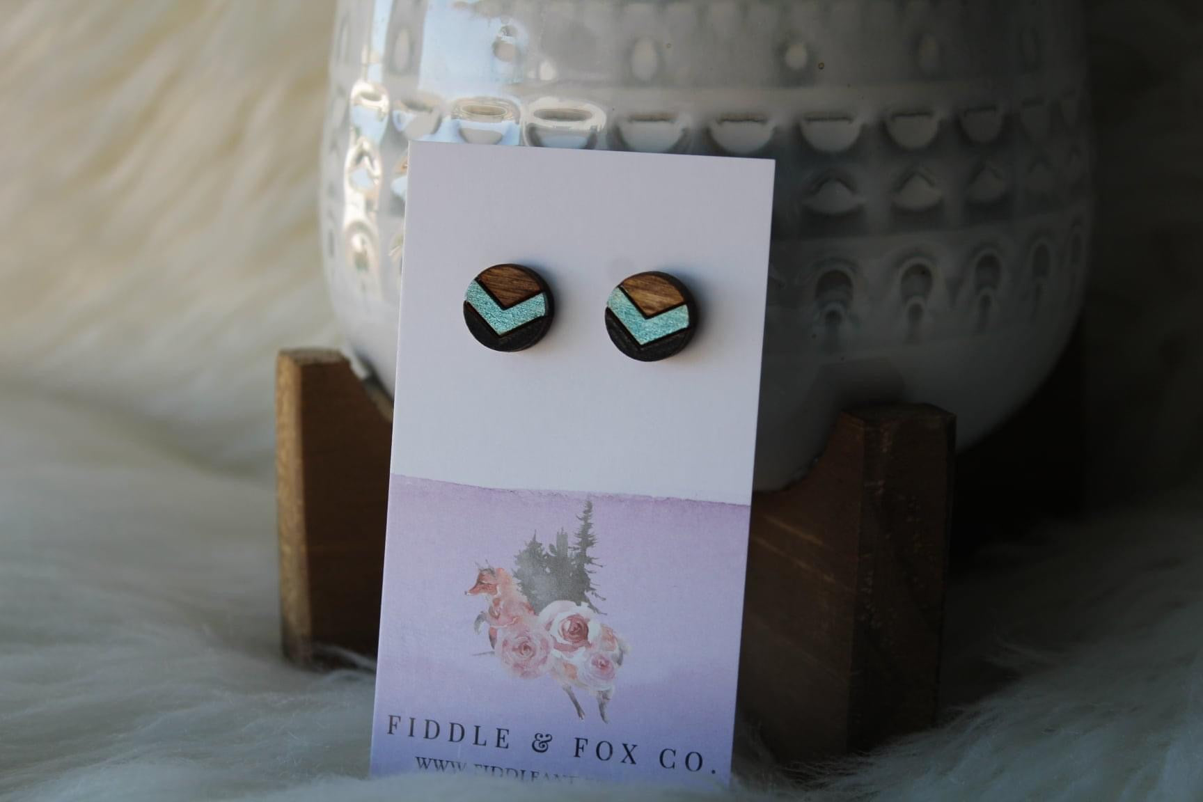 Wood Earrings Metallic Blue/Black Chevron