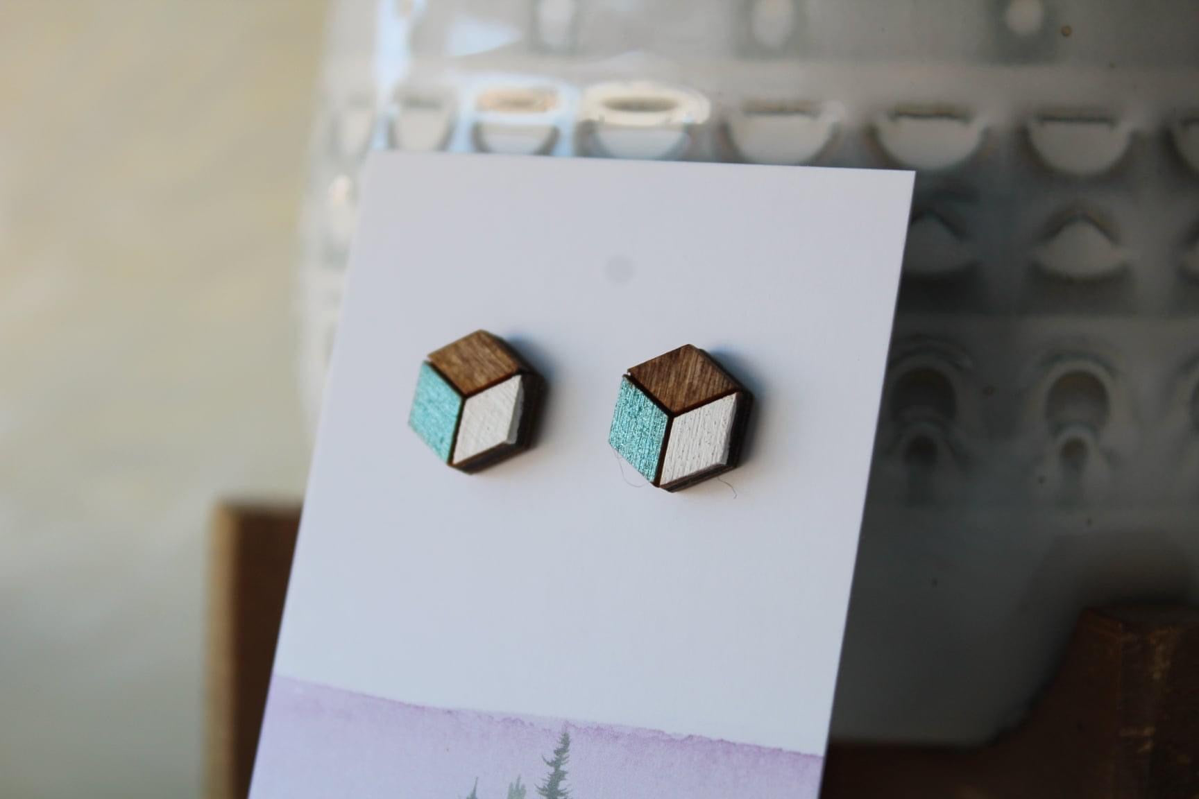 Wood Earrings Metallic Blue/White