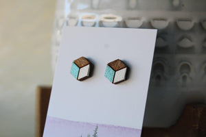 Wood Earrings Metallic Blue/White