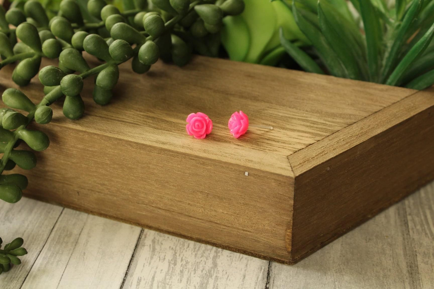 8mm Hot Pink Flower Earrings