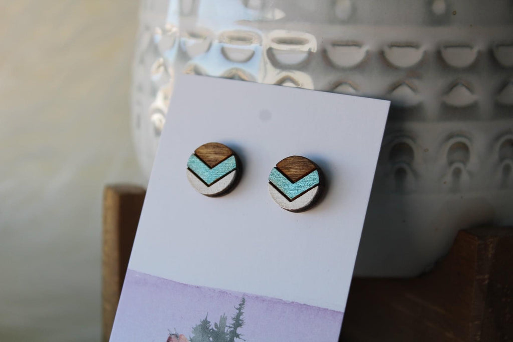 Wood Earrings Metallic Blue/White Chevron