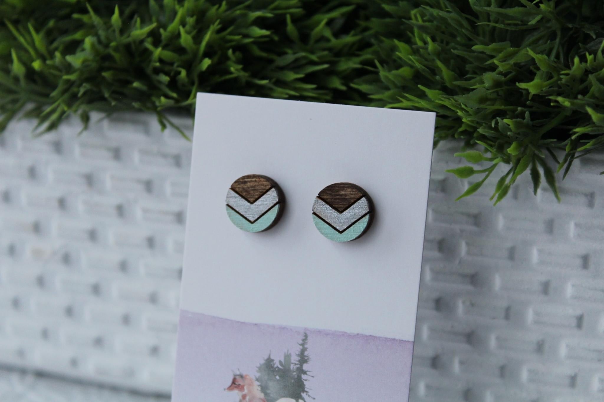Wood Chevron Silver/Mint Earrings