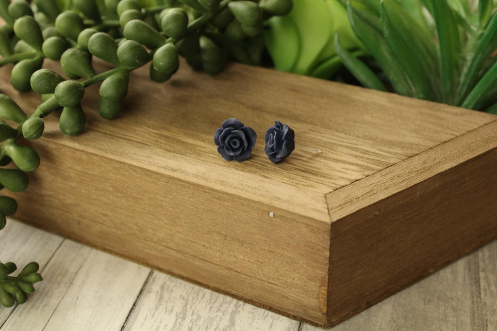 12mm Navy Flower Earrings