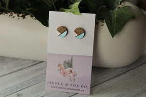 12mm champagne/metallic blue wood earrings