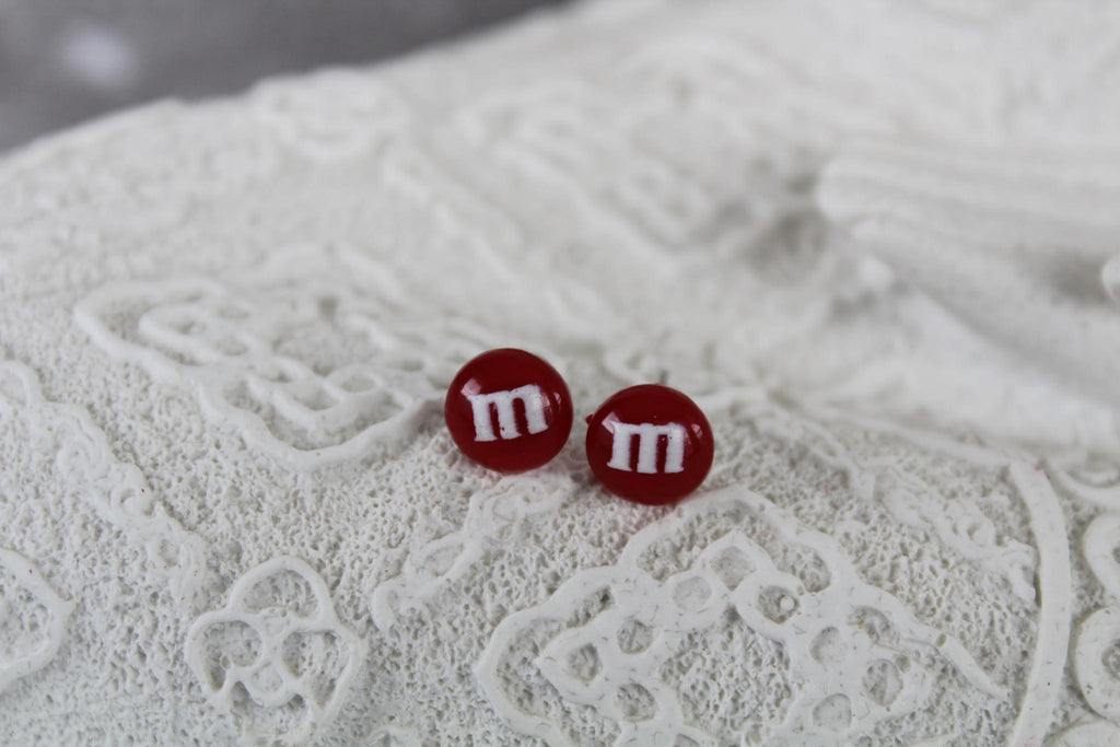 8mm dark red m&m earrings