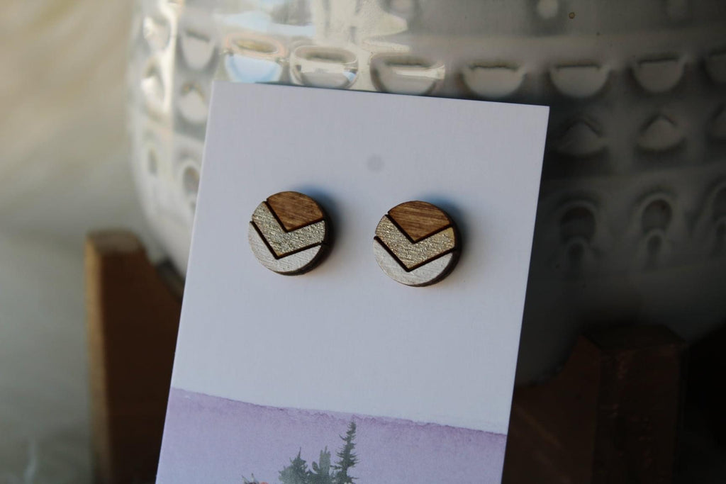 Wood Earrings Metallic Taupe/White Chevron