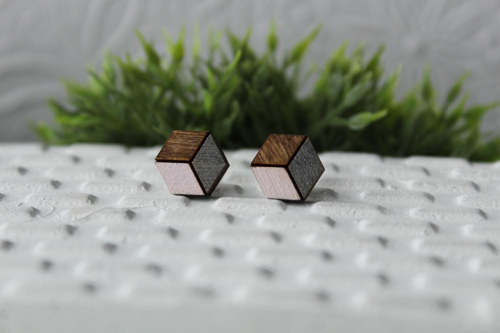 Wood Earrings Pink/Metallic Dark Grey