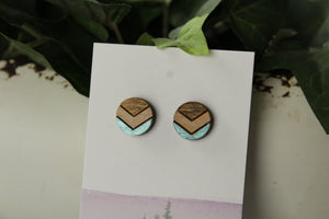 12mm taupe/metallic blue chevron wood earrings