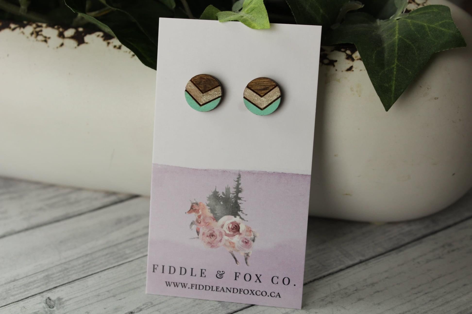 12mm Metallic Taupe/Green Chevron Wood earrings