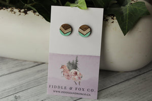 12mm Metallic Taupe/Green Chevron Wood earrings