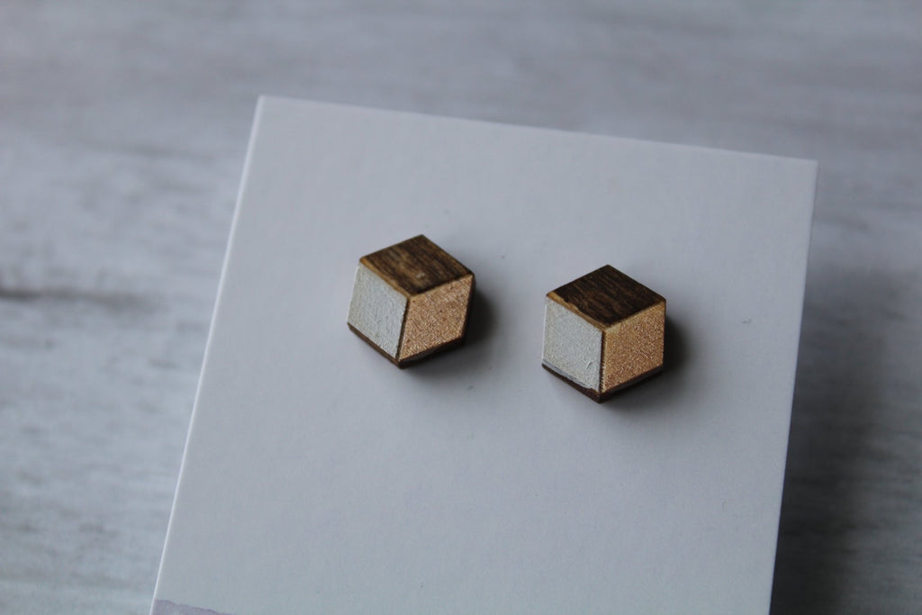 Geometric Wood Earrings • White/Rose Gold