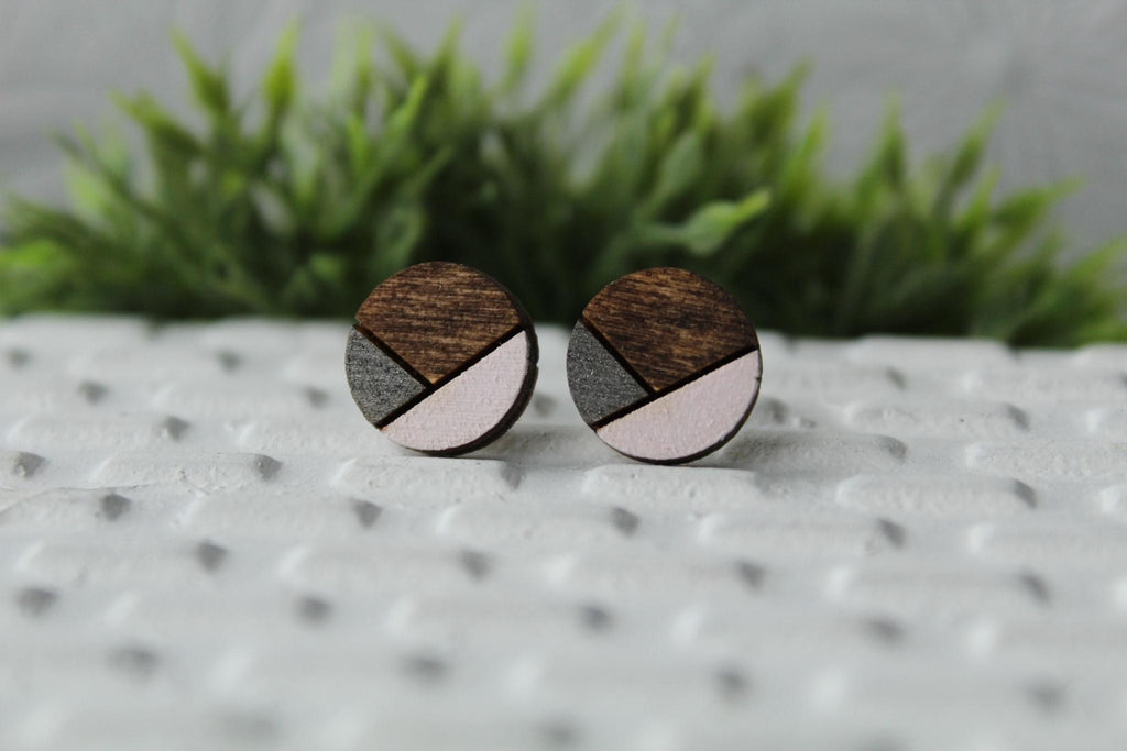 Circle Wood Earrings Metallic Dark Grey/Pink