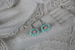 8mm teal/pink flower earrings